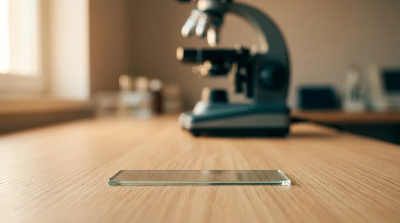 Portaobjetos de laboratorio sobre una mesa clara con microscopio desenfocado al fondo