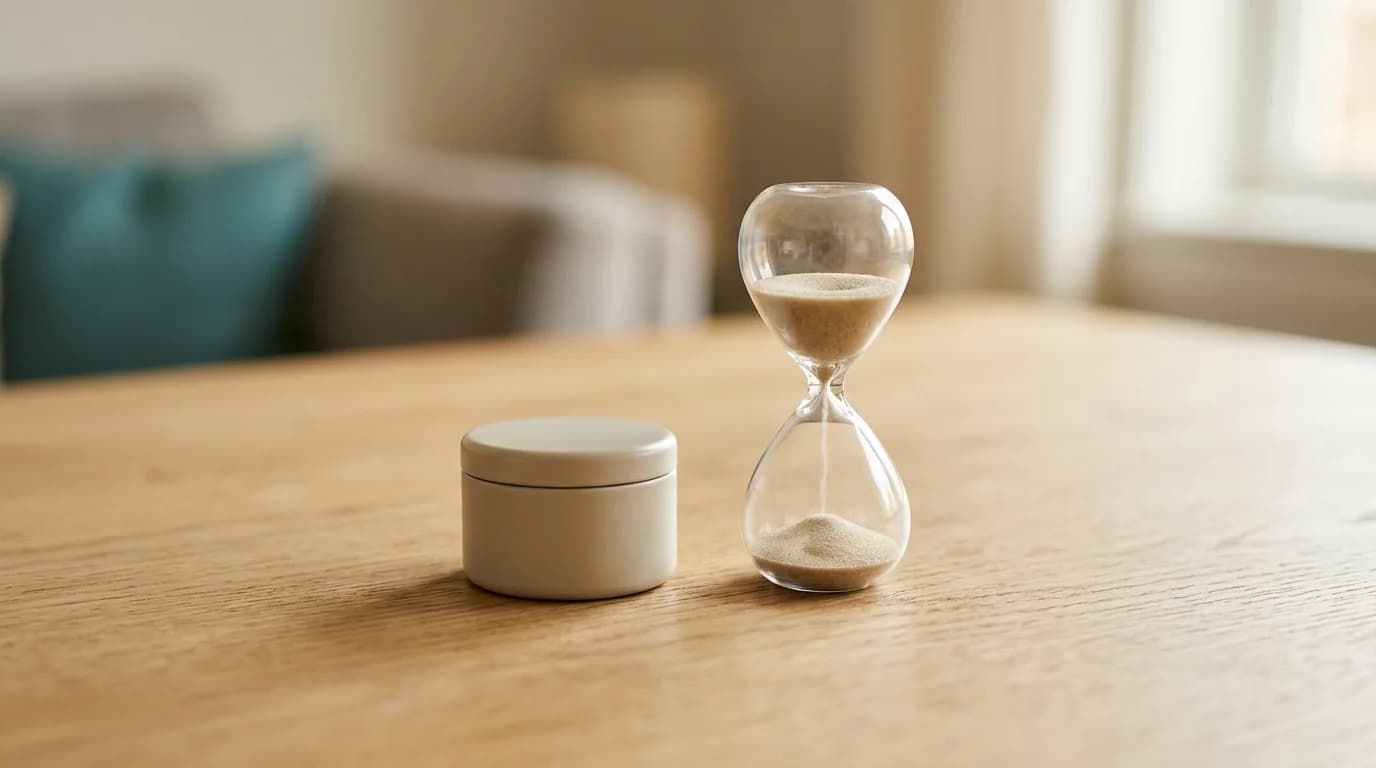 Pastillero neutro junto a un reloj de arena sin marcas sobre una mesa clara