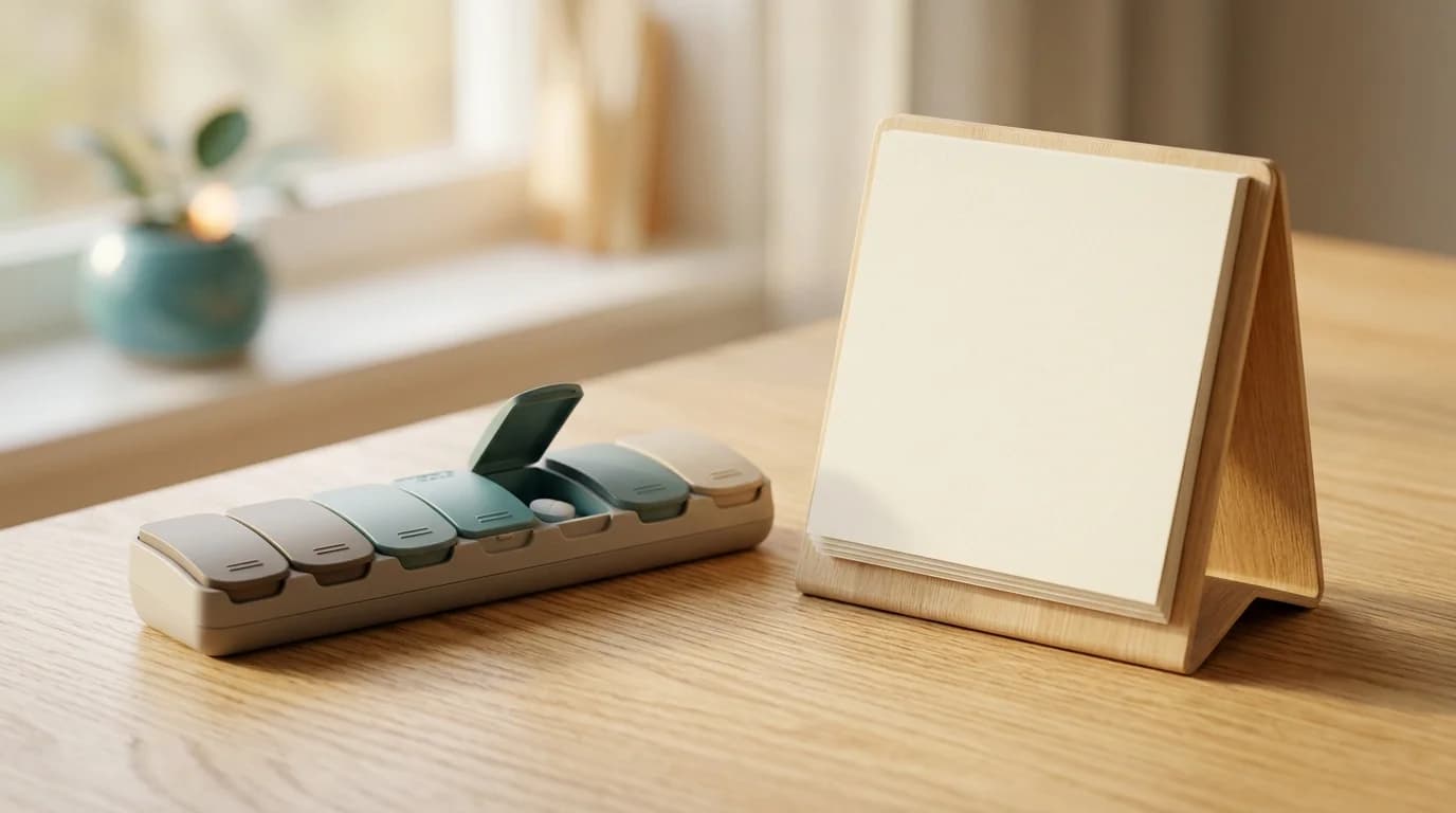 Pastillero semanal neutro junto a un calendario sin texto sobre una mesa clara