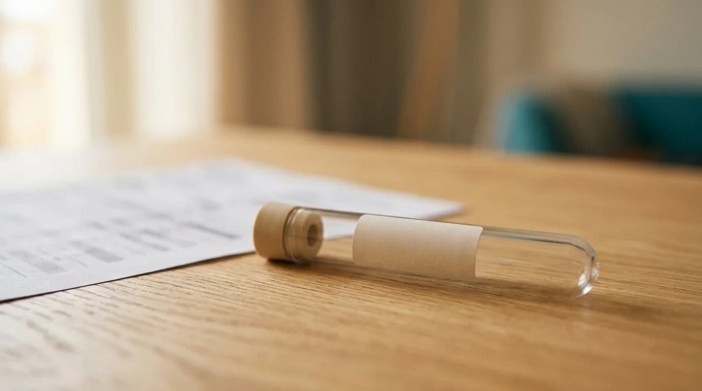 Tubo de laboratorio sin texto legible junto a una hoja de resultado desenfocada sobre una mesa clara