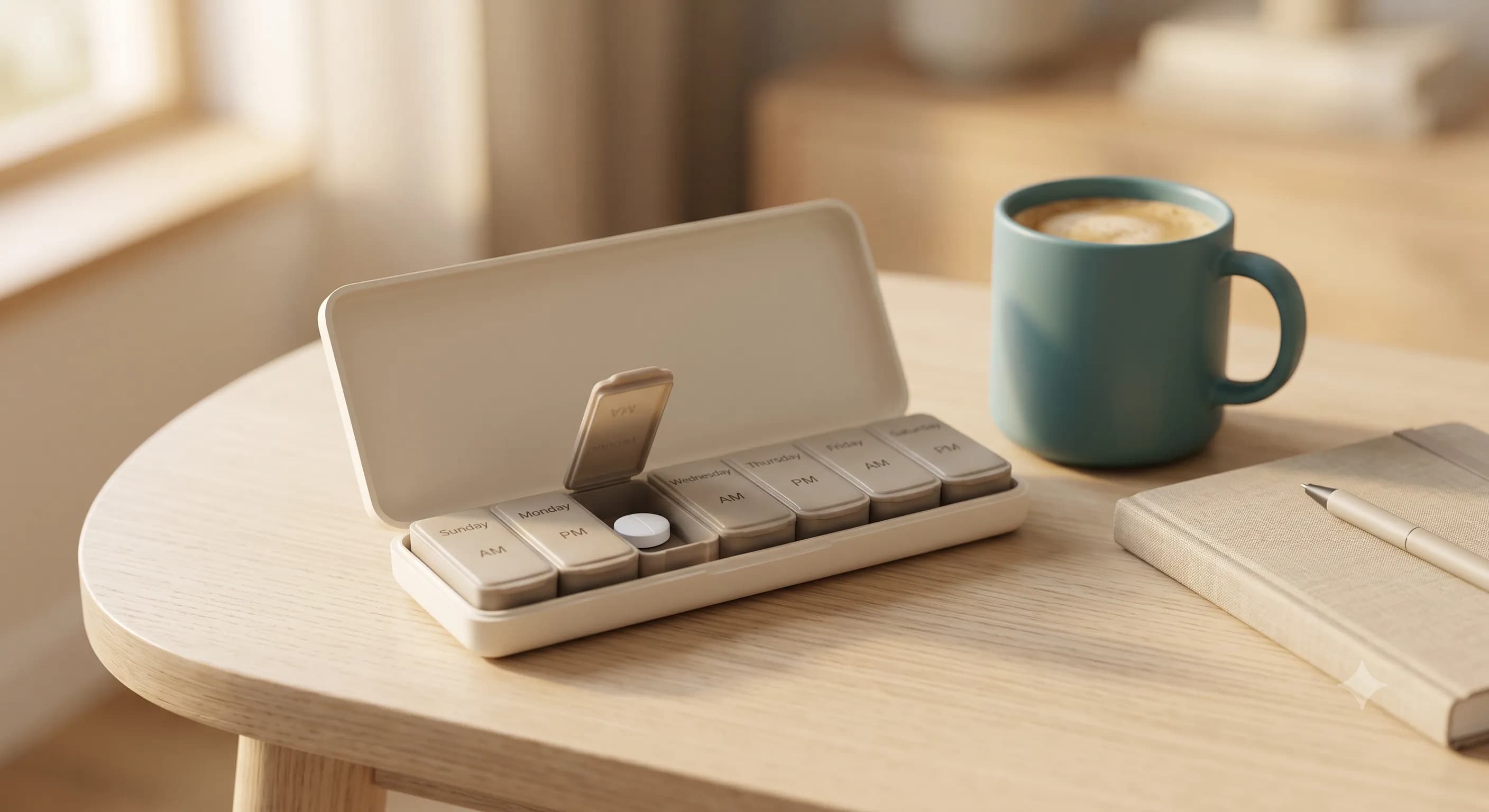 Pastillero semanal abierto con un comprimido junto a una taza de café, sobre una mesa de madera clara